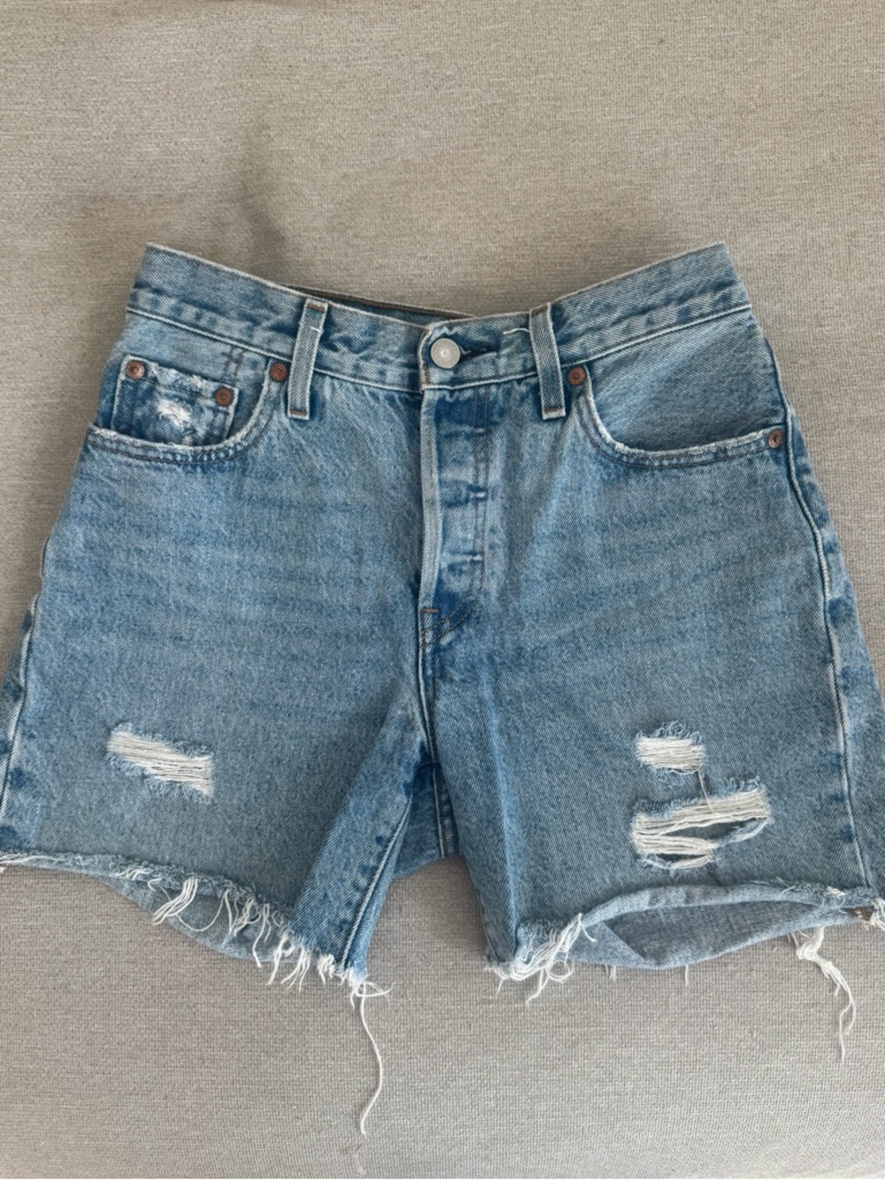 Levi's 501 Mid Thigh Distressed Denim Shorts